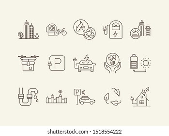 Alternative energy types icons. Set of line icons. Sun charge, quadcopter with box, bike rent. Alternative energy concept. Vector illustration can be used for topics like environment, ecology