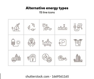 Iconos de tipos de energía alternativos. Conjunto de iconos de línea. Cargo de sol, cuadrilátero con caja, alquiler de bicicletas. Concepto de energía alternativa. La ilustración vectorial puede utilizarse para temas como medio ambiente, ecología