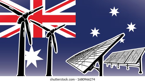 Alternatives Konzept für die Vektorillustration von Windturbinen und Solarpaneelen aus Australien auf Flaggenhintergrund, verwendet in Blau, Rot, Weiß