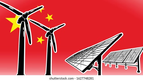 Alternative energy vector concept for China - wind turbines and solar panels on flag background, used colors red, yellow