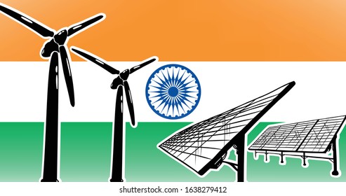 Alternative energy vector concept for India - wind turbines and solar panels on flag background, used colors orange, green, white
