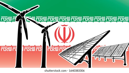 Alternative energy vector concept for Iran - wind turbines and solar panels on flag background, used colors green, red, white