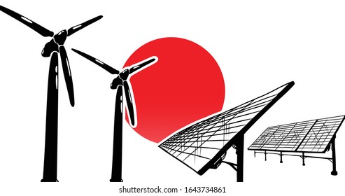 Alternative energy vector concept for Japan - wind turbines and solar panels on flag background, used colors red, white