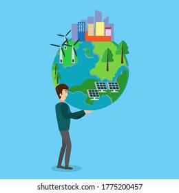 Concepto vectorial de energía alternativa: hombre levantando alegremente el icono del gran planeta Tierra con otros iconos ecológicos dentro