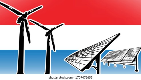 Alternative energy vector concept for Netherlands wind turbines and solar panels on flag background, used colors red, blue, white