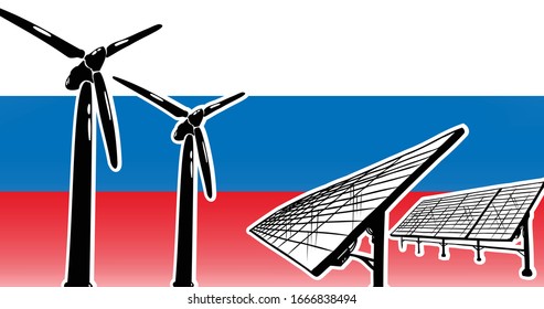 Alternative energy vector concept for Russia wind turbines and solar panels on flag background, used colors red, blue, white