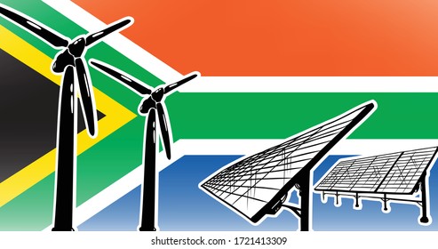 Alternative energy vector concept for South Africa wind turbines and solar panels on flag background, used colors blue, red, green, gold