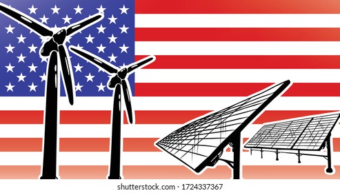 Alternative energy vector concept for USA wind turbines and solar panels on flag background, used colors blue, red, white