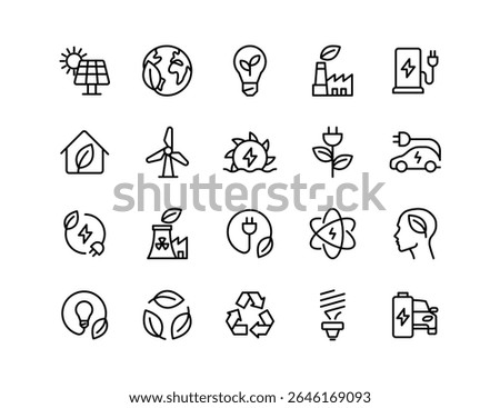 Alternative Energy Vector Icon Set | Adjustable Line Weight | Solar panel, globe, eco house, wind turbine, recycling, electric vehicle, factory, nuclear, geothermal, hydroelectric, innovation