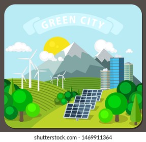 Alternative energy vector illustration. Landscape with solar and wind power stations on the background of mountains, forests and the modern city.