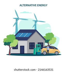 Vector de energía alternativa. Aplicación de energía de la casa inteligente, taller de paneles solares y mapa de estaciones de carga