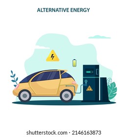Vector de energía alternativa. Aplicación de energía de la casa inteligente, taller de paneles solares y mapa de estaciones de carga