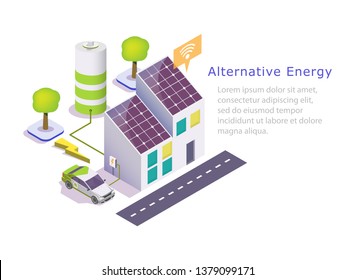 Alternative Energy Vector Web Banner Template. Isometric Green Eco Friendly House With Solar Panels, Electric Car. Renewable Solar Energy And Battery Storage System Concept.