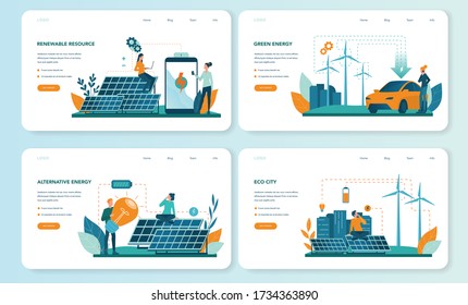 Alternative energy web banner or landing page set. Idea of ecology frinedly power and electricity. Save the environment. Solar panel and windmill. Isolated flat vector illustration