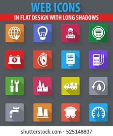 Alternative energy web icons in flat design with long shadows
