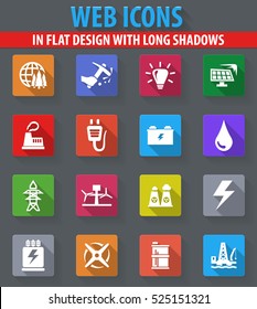 Alternative energy web icons in flat design with long shadows