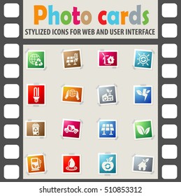 alternative energy web icons on color photo cards for user interface