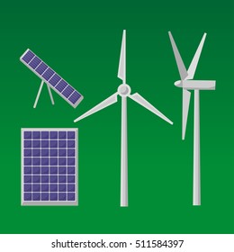 Alternative energy wind turbines and solar panels generating electricity vector illustration