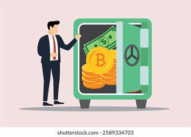 Alternative financial assets, crypto currency bitcoin, cash and gold for investment retirement plan concept, businessman investor standing with security safe with full of cash, gold and bitcoin inside