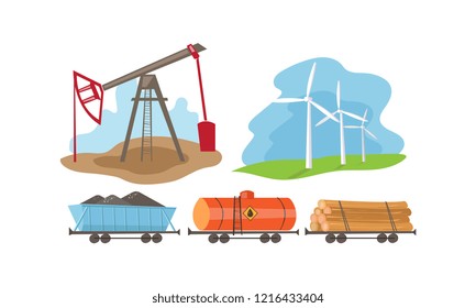 Alternative and fossil energy sources set, extraction and processing of natural resources vector Illustration on a white background
