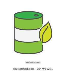 Combustível alternativo, ícone de cor de óleo verde bio, barril de óleo com ícone de folha, veículo elétrico, ambiente, símbolo da natureza no fundo branco - ilustração vetorial