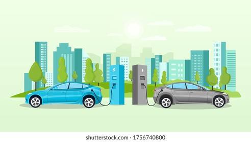 Alternatives Kraftstoffkonzept mit Aufladen von Elektroautos an Ladestellen vor einer Stadtlandschaft mit Wolkenkratzern, farbige Vektorgrafik