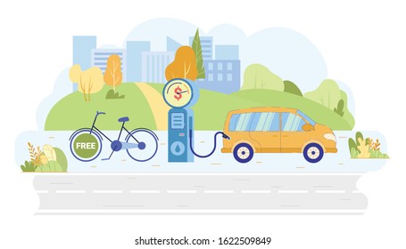 Alternative Fuel Powered Vehicles Illustration. Advantage Environmentally Friendly Transport. Bike Rides Free, unlike Car that need to Refueled with Gasoline. Car and Bike are on Charge.