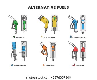 Alternative Fuels vector icons in line design. Biodiesel, Electricity, Hydrogen, Natural Gas, Propane, Ethanol, gas station, Gasoline Pistol vector icons in line design blue. 