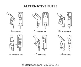 Alternative Fuels vector icons in line design. Biodiesel, Electricity, Hydrogen, Natural Gas, Propane, Ethanol, gas station, Gasoline Pistol vector icons in line design blue. 