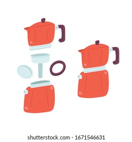 Alternative geyser coffee brewing. Flat cartoon style vector illustration of disassembled coffee pot