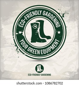 alternative green boot stamp containing: two environmentally sound eco motifs in circle frames, grunge ink rubber stamp effect, textured watercolor carton paper background, eps10 vector illustration