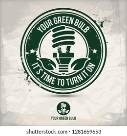alternative green bulb stamp containing: two environmentally sound eco motifs in circle frames, grunge ink rubber stamp effect, textured paper background, eps10 vector illustration