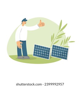 Alternative green clean energy. Eco friendly and sustainable industrial factory. Renewable energy. Man near solar panels. Save the planet. Vector hand drawn illustration in a trendy flat style. Not ai