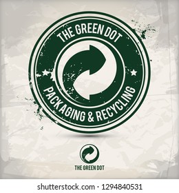 alternative green dot stamp containing: two environmentally sound eco motifs in circle frames, grunge ink rubber stamp effect, textured paper background, eps10 vector illustration