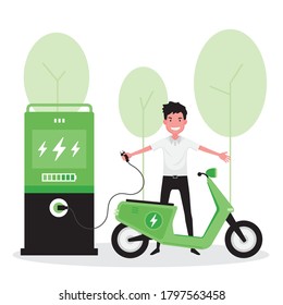 alternative or green energy feature a man charge electric to his scooter