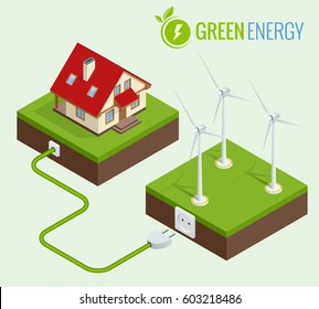 Alternative Green energy or Green House concept. Flat 3d web isometric infographic vector illustration. Composition of small house with ecological equipment - wind turbine