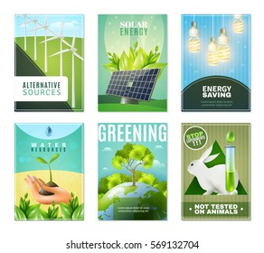 Alternative green energy sources environment protection and ban tests on animals 6 mini ecological banners isolated vector illustration 