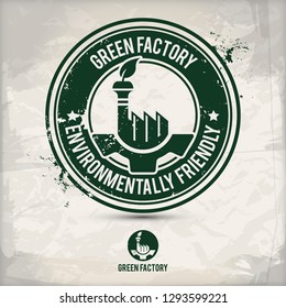 alternative green factory stamp containing: two environmentally sound eco motifs in circle frames, grunge ink rubber stamp effect, textured paper background, eps10 vector illustration