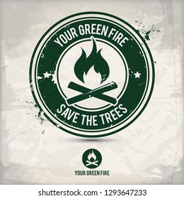 alternative green fire stamp containing: two environmentally sound eco motifs in circle frames, grunge ink rubber stamp effect, textured paper background, eps10 vector illustration