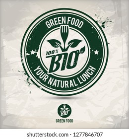 alternative green food stamp containing: two environmentally sound eco motifs in circle frames, grunge ink rubber stamp effect, textured paper background, eps10 vector illustration