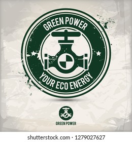 alternative green power stamp containing: two environmentally sound eco motifs in circle frames, grunge ink rubber stamp effect, textured paper background, eps10 vector illustration