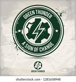 alternative green thunder stamp containing: two environmentally sound eco motifs in circle frames, grunge ink rubber stamp effect, textured paper background, eps10 vector illustration