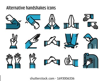 Alternative handshake color line icons vector set. Creative greeting avoid Coronavirus 2019-nCov, Covid-19.