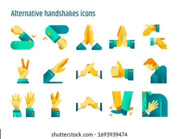 Alternative handshake concept flat icons vector set. Creative greeting avoid Coronavirus 2019-nCov, Covid-19.