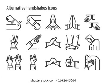 Alternative handshake line icons vector set. Creative greeting avoid Coronavirus 2019-nCov, Covid-19. Editable stroke.