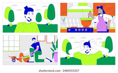 Alternative hat usage and panic attack outdoors cartoon flat illustration set. Multiracial adults 2D line characters colorful background. Lifestyle scene vector storytelling image collection