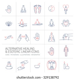 alternative healing and esoteric linear icons set blue and red on colorful background | flat design illustration and infographic