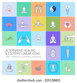 alternative healing and esoteric linear icons set on colorful background | flat design illustration and infographic