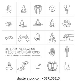 Alternative Healing And Esoteric Linear Icons Set Black On White Background | Flat Design Illustration And Infographic