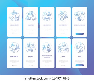 Alternative healing onboarding mobile app page screen with concepts set. Different complementary therapies walkthrough five steps graphic instructions. UI vector template with RGB color illustrations